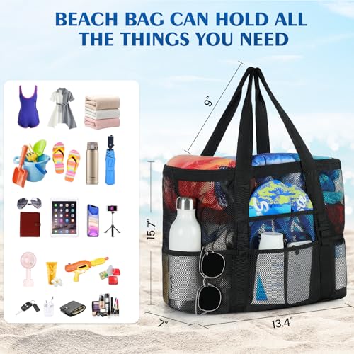 LEVOTIYER Mesh Beach Bag Large 8 Pockets - Perfect for Summer Vacation Beachgoers