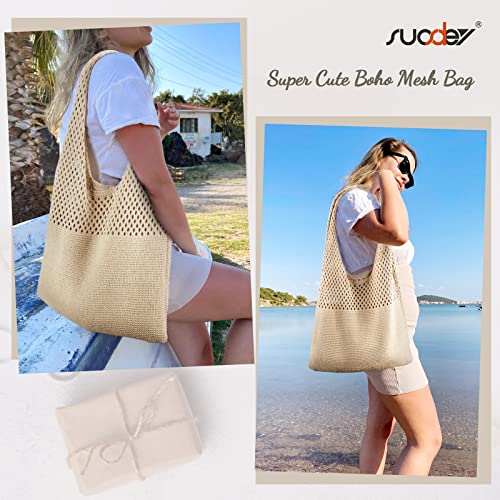 SUOSDEY Aesthetic Boho Knit Mesh Beach Tote Bag for Women in Summer Vacation