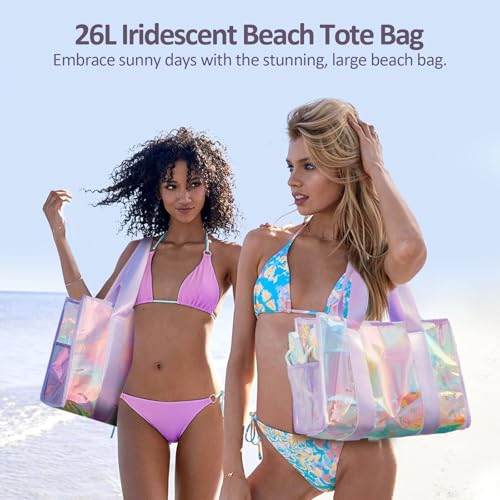 Iridescent Waterproof Beach Tote Bag for Women 26L with Zipper & Phone Pouch Crossbody Beach Bag