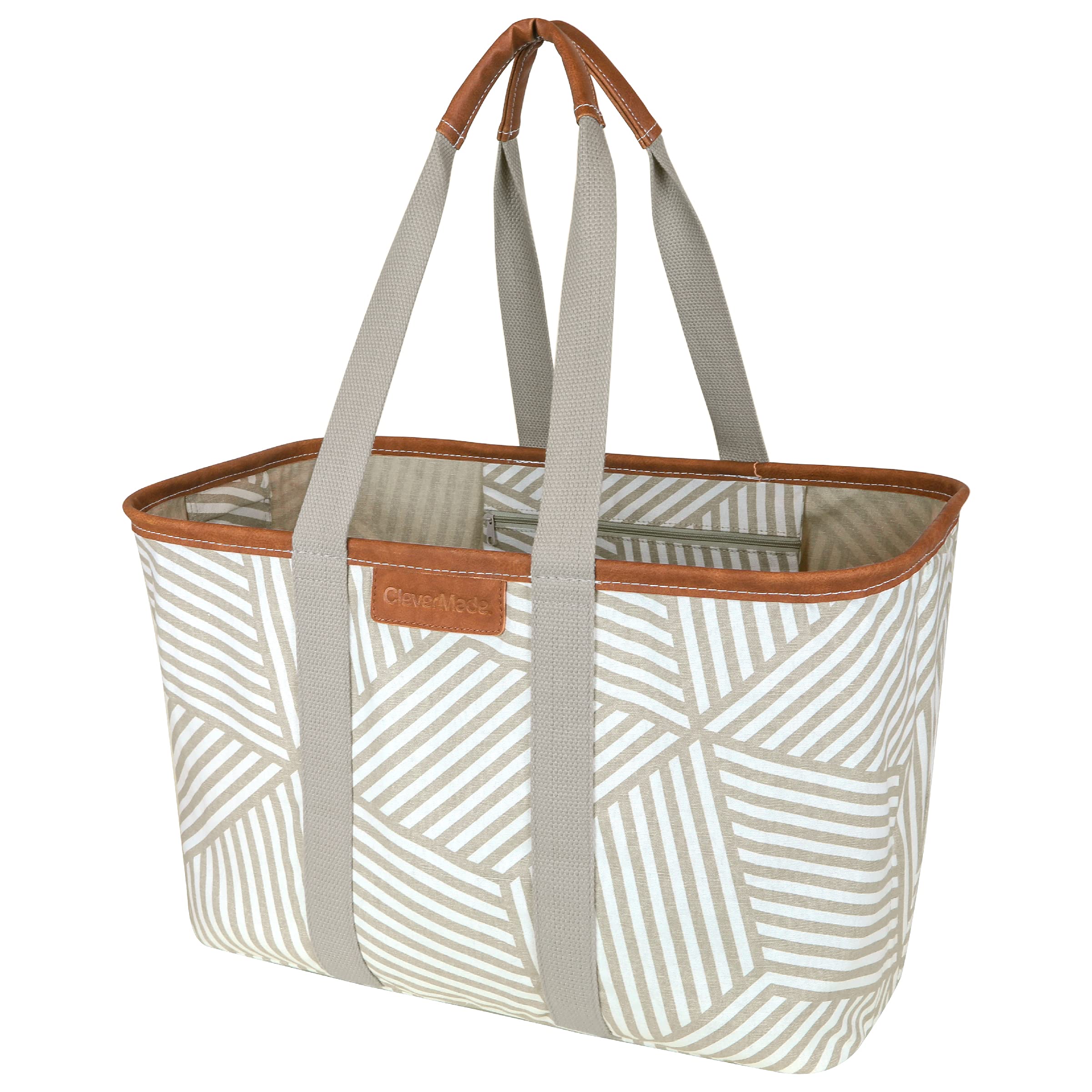 CleverMade Snapbasket LUXE Collapsible Tote - Geometric Taupe - Reusable Grocery Shopping Organizer - Portable Storage B